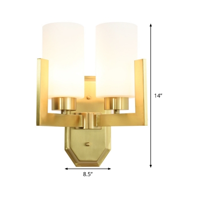 Gold Armed Sconce Light Contemporary 2 Bulbs Metal Wall Mount Lighting with Opal Glass Shade