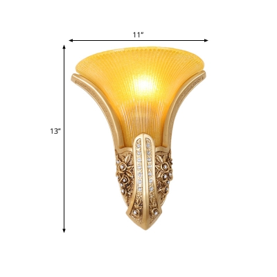 Gold Finish Floral Wall Sconce Light Traditional Style Yellow Glass 1 Light Bedroom Wall Lamp