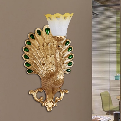 Gold Peacock Sconce Light Fixture Modern Style Resin 1 Bulb Hotel Wall Lamp with Yellow Glass Petal Shade