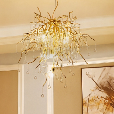 Gold Teardrop Chandelier Light Rustic 8/10 Heads Clear Crystal Pendant Lighting for Living Room, 23.5