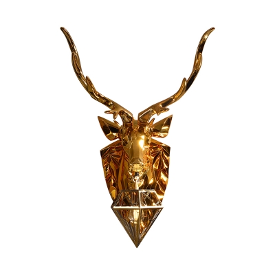 Metal Diamond Cage Wall Sconce Light Lodge Style 1 Head Sconce Lamp with Elk Backplate in Gold, 16