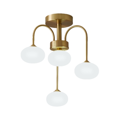 Modern 4/6 Bulbs Semi Flush Gold Round Ceiling Mounted Fixture with Milk Glass Shade