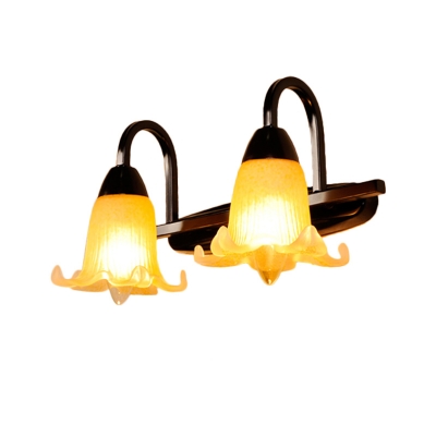 Modern Floral Vanity Light Fixture Amber Glass 2 Heads Kitchen Wall Mounted Lighting with Gooseneck Arm in Black