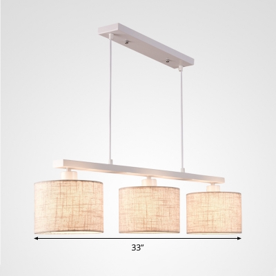 Modern Square/Drum Island Light Fabric 3 Lights Dining Room Chandelier Lamp in White with Metal Linear Canopy