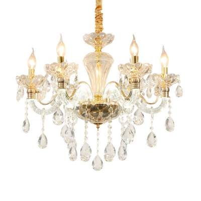 Modernist Candle Ceiling Chandelier Faceted Clear Crystal 6 Bulbs Living Room Pendant Light Fixture in Gold