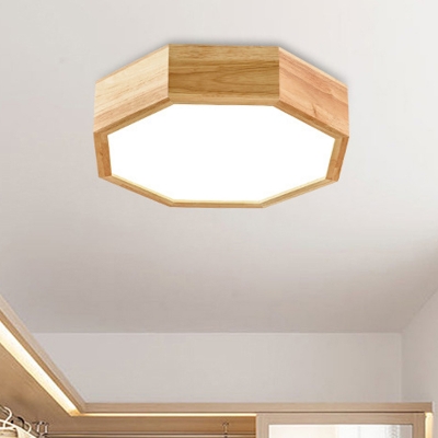 Octagon Living Room Flush Light Acrylic LED Contemporary Close to Ceiling Lighting Fixture in Wood