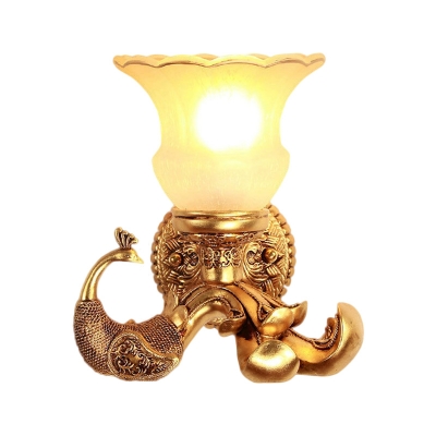 Peacock Resin Wall Mount Lamp Lodge Stylish 1 Bulb Living Room Gold Wall Sconce with Frosted Glass Petal Shade