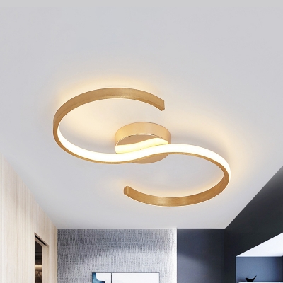Postmodern LED Flush Mount Light Gold S-Shaped Ceiling Fixture with Acrylic Shade in Remote Control Stepless Dimming/Warm/White Light