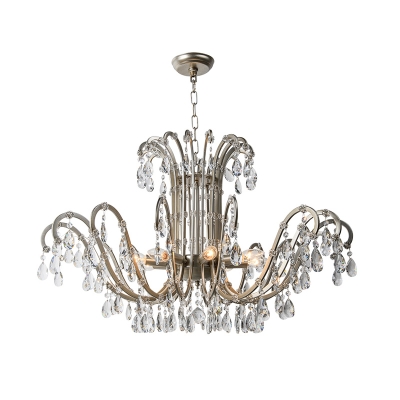 Rural Swooping Arm Chandelier Lamp 5/8 Lights Crystal Suspension Lamp in Aged Silver for Living Room