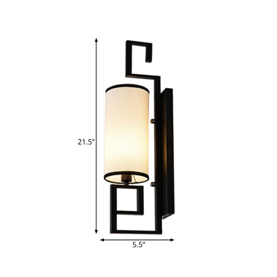 Single Light Metal Wall Sconce Traditionalist Gold/Black Cylinder Living Room Wall Mounted Light with White Fabric Shade
