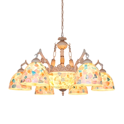 Stained Glass Beige Ceiling Chandelier Dome 9/11 Lights Baroque Hanging Pendant Light for Living Room, Up/Down