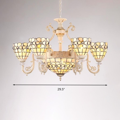Stained Glass Beige Chandelier Light Arched Arm 8 Heads Tiffany-Style Hanging Pendant for Living Room