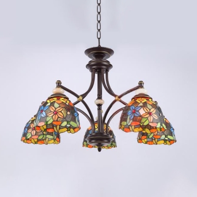 Stained Glass Dome Chandelier Victorian 3/5/6 Lights Black Down Lighting for Bedroom