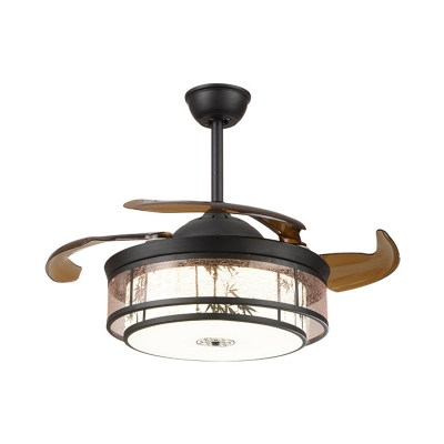 Traditional Drum Ceiling Fan LED Metal Semi Flush Mount Light in Black, Wall/Remote Control/Frequency Conversion
