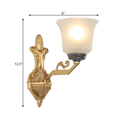1/2-Head Wall Sconce Lamp Vintage Style Flared Shade Opal Glass Wall Lighting in Brass for Bedroom