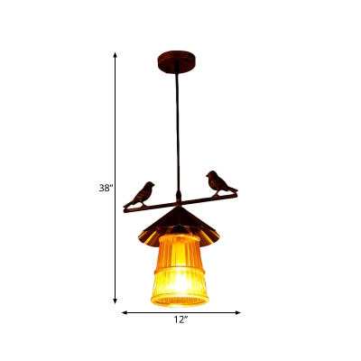 1 Bulb Pendulum Pendant Chinese Style Conical Iron Bronze Ceiling Suspension Lamp with Ribbed Glass Shade