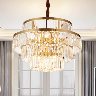 

12 Bulbs Layered Chandelier Lamp Modernism Crystal Suspension Pendant Light in Brass, HL577694