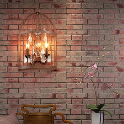 2 Heads Crystal Wall Sconce Industrial Rust Birdcage Living Room Wall Mounted Light