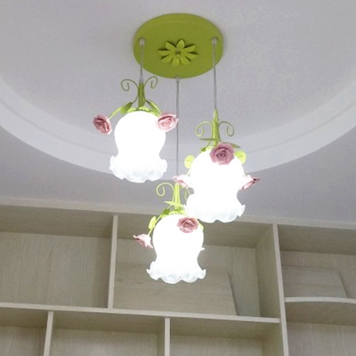 3 Bulbs Scalloped Cluster Pendant Traditionalism White/Green Frosted Glass Hanging Light Fixture