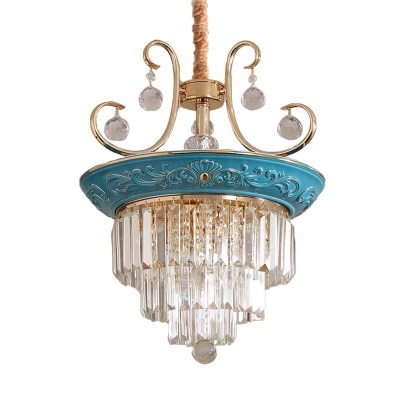 3 Tiers Dining Room Chandelier Light Traditional Three Sided Crystal Rod 3/5 Heads Blue Hanging Light Kit