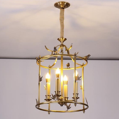 4 Bulbs Cylinder Ceiling Chandelier Traditional Metal Hanging Pendant Light in Brass with Bird