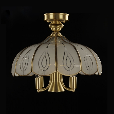 5 Bulbs Scalloped Ceiling Light Fixture Colonial Brass Satin Opal Glass Semi Flush Mount Lighting for Living Room