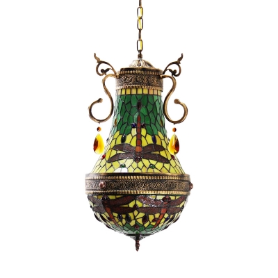 6 Lights Ceiling Chandelier Tiffany Dragonfly/Flower Stained Glass Pendant Lighting Fixture in Red/Green