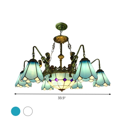 7/9 Heads Chandelier Lighting Fixture Tiffany-Style Tapered Hand Cut Glass Hanging Pendant Light in Yellow/Blue for Living Room