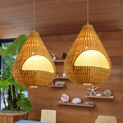 Bamboo Teardrop Shape Hanging Ceiling Light Asia 1 Light Pendant Lamp in Beige for Indoor