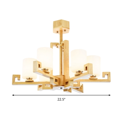 Beige Sputnik Pendant Lighting Fixture Modern 6 Lights Wood Chandelier Lamp with Cylinder Frosted Glass Shade