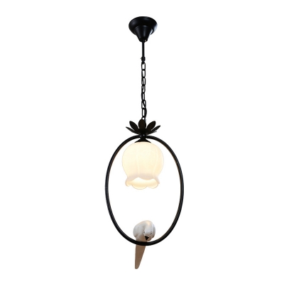 Black 1 Head Pendant Light Countryside Opal White Glass Flower Suspended Lighting Fixture with Resin Bird Decor