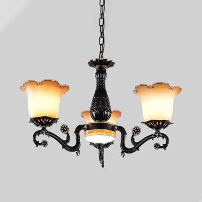 Black 4/6/7 Heads Chandelier Lighting Traditionalism Opal Frosted Glass Floral Ceiling Pendant Light for Living Room