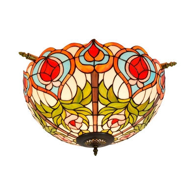 Brass Bowl Shape Ceiling Lamp Baroque 5 Bulbs Multicolored Stained Glass Flush Mount Lighting