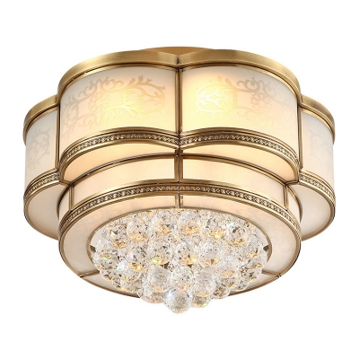 Brass LED Flush Mount Lamp Traditionalism Sandblasted Glass Scalloped Ceiling Fixture with Crystal Ball