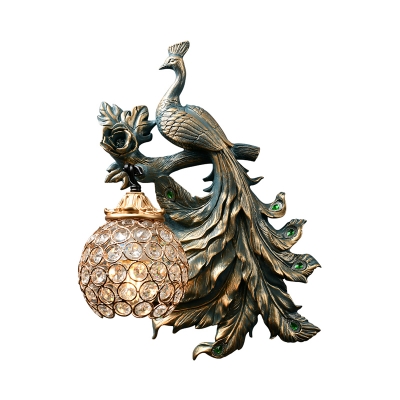Bronze Peacock Wall Light Fixture Traditional 1 Head Resin Sconce Light with Clear Crystal Dome Lamp Shade, Left/Right