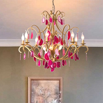 Candelabra Crystal Chandelier Lighting Minimalism 5/9/12 Lights Dining Room Pendant Lamp in Rose Red