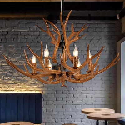 Candelabra Resin Pendant Chandelier Countryside 6 Bulbs Restaurant Hanging Light in Brown