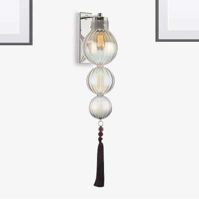 Chinese Style Sphere Clear/Amber/Light Blue Glass Sconce Light 1 Bulb Brass/Chrome Finish Wall Mount Lamp with Tassel Knot