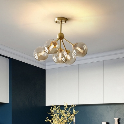 Contemporary 5 Heads Ceiling Chandelier Brass Ball Hanging Light Fixture with Amber Glass Shade