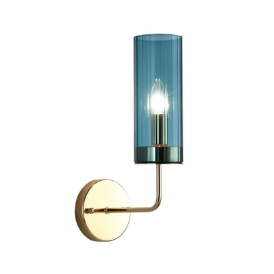 Contemporary Cylindrical Wall Lamp Cognac/Light Blue Glass 1 Bulb Living Room Sconce Light Fixture