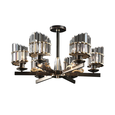 Crystal Block Radial Chandelier Light Fixture Traditional 3/6/8 Heads Living Room Hanging Lamp in Black/Brass