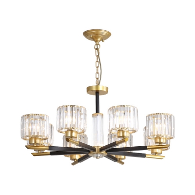 Crystal Cylinder Hanging Chandelier Contemporary 8 Lights Ceiling Lamp in Black and Gold