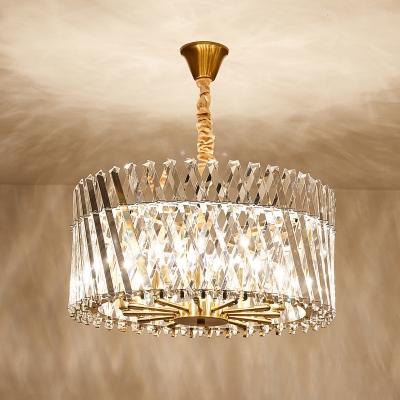 Crystal Drum Shaped Chandelier Light Contemporary 12 Lights Pendant Lamp in Brass for Living Room