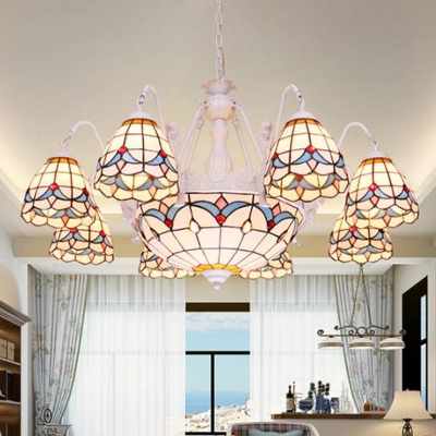 Curving Arm Stained Art Glass Chandelier Lighting Fixture Tiffany 8/9/11 Lights White Hanging Ceiling Light