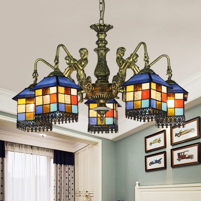 Cut Glass House Chandelier Lamp Mediterranean 3/5/9 Bulbs Blue Down Lighting Pendant for Bedroom