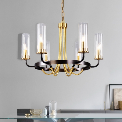 Cylinder Chandelier Lamp Industrial Style Clear Glass 6/8 Lights Black/Gold Finish Ceiling Light Fixture