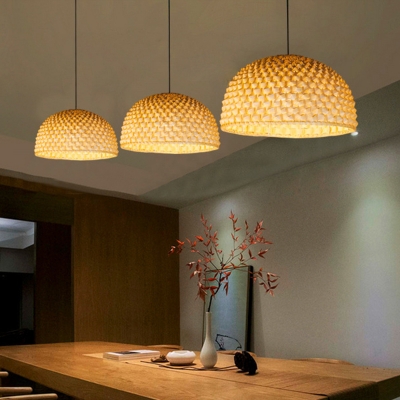 Dome Ceiling Pendant Lamp Contemporary Bamboo 1 Light Dining Room Hanging Lamp in Beige