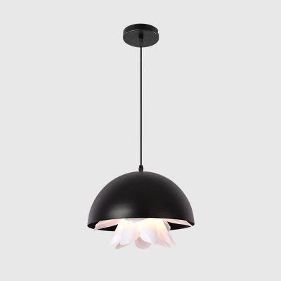 Domed Pendant Lighting Contemporary Metal 1 Light Black Hanging Ceiling Light with Flower Design