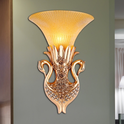 Double Swan Corridor Wall Sconce Fixture Vintage Resin 1 Light Gold Wall Lighting with Amber Glass Bell Shade