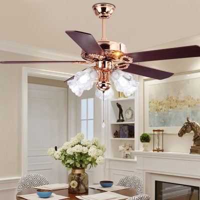 Floral Dining Room Ceiling Fan Lighting Vintage White Glass 5 Heads Gold Semi Flush Mount Light, Pull Chain/Remote Control